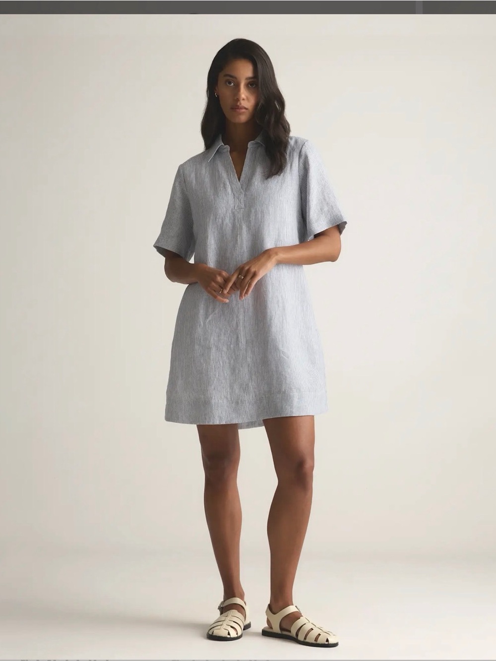 QUINCE 100% European Linen Popover Mini Dress Blue/White pinstripe Small